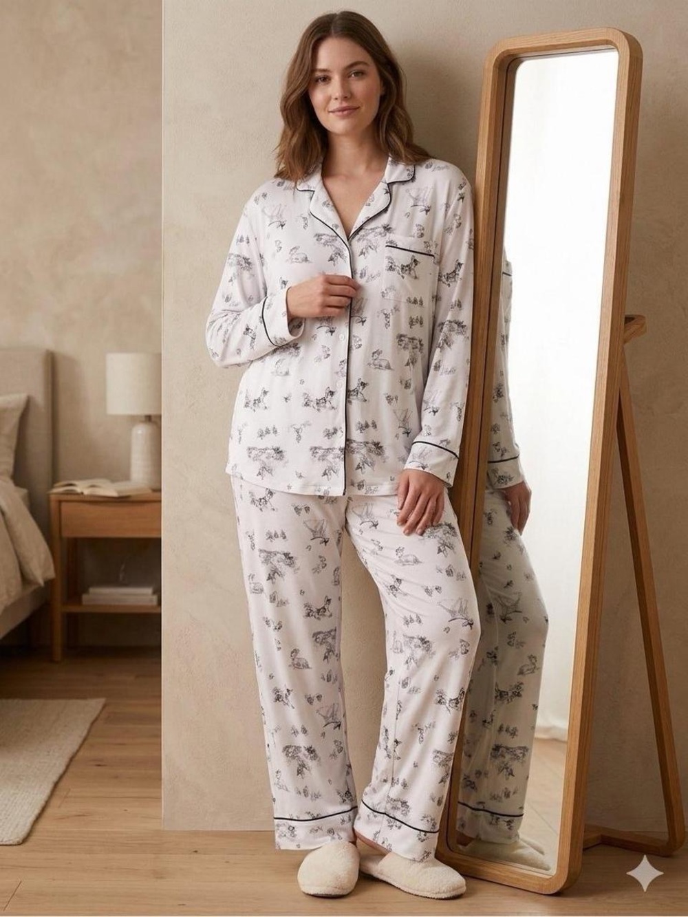 Aerie x Disney Bambi Real Soft Piping Pajama Set - Smoked Gray Toile